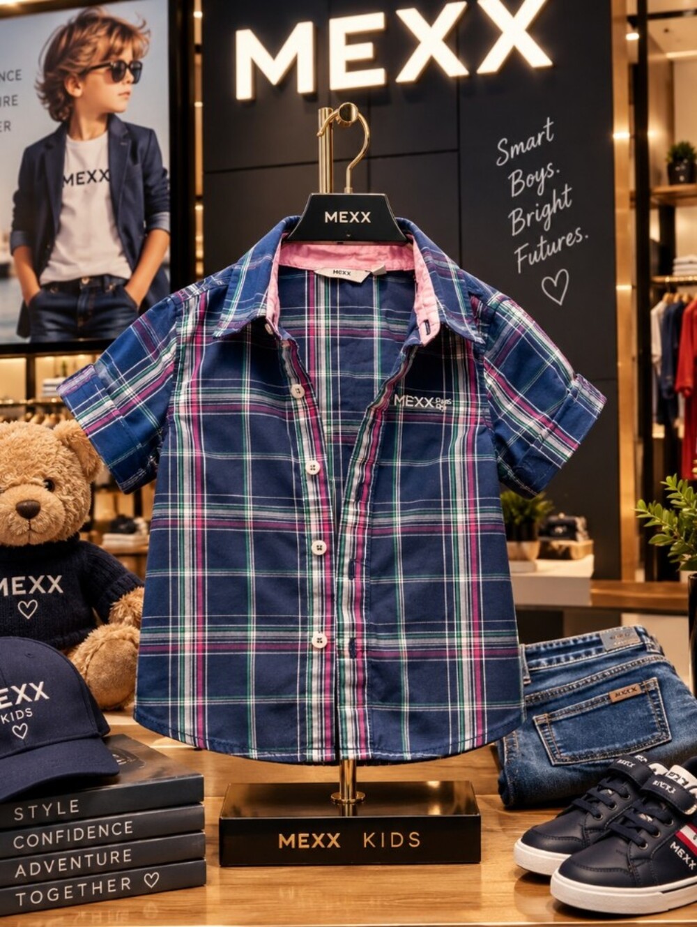 5/$100 Mexx Boys' Navy Plaid Short-Sleeve Button-Down Shirt with Pink Accents